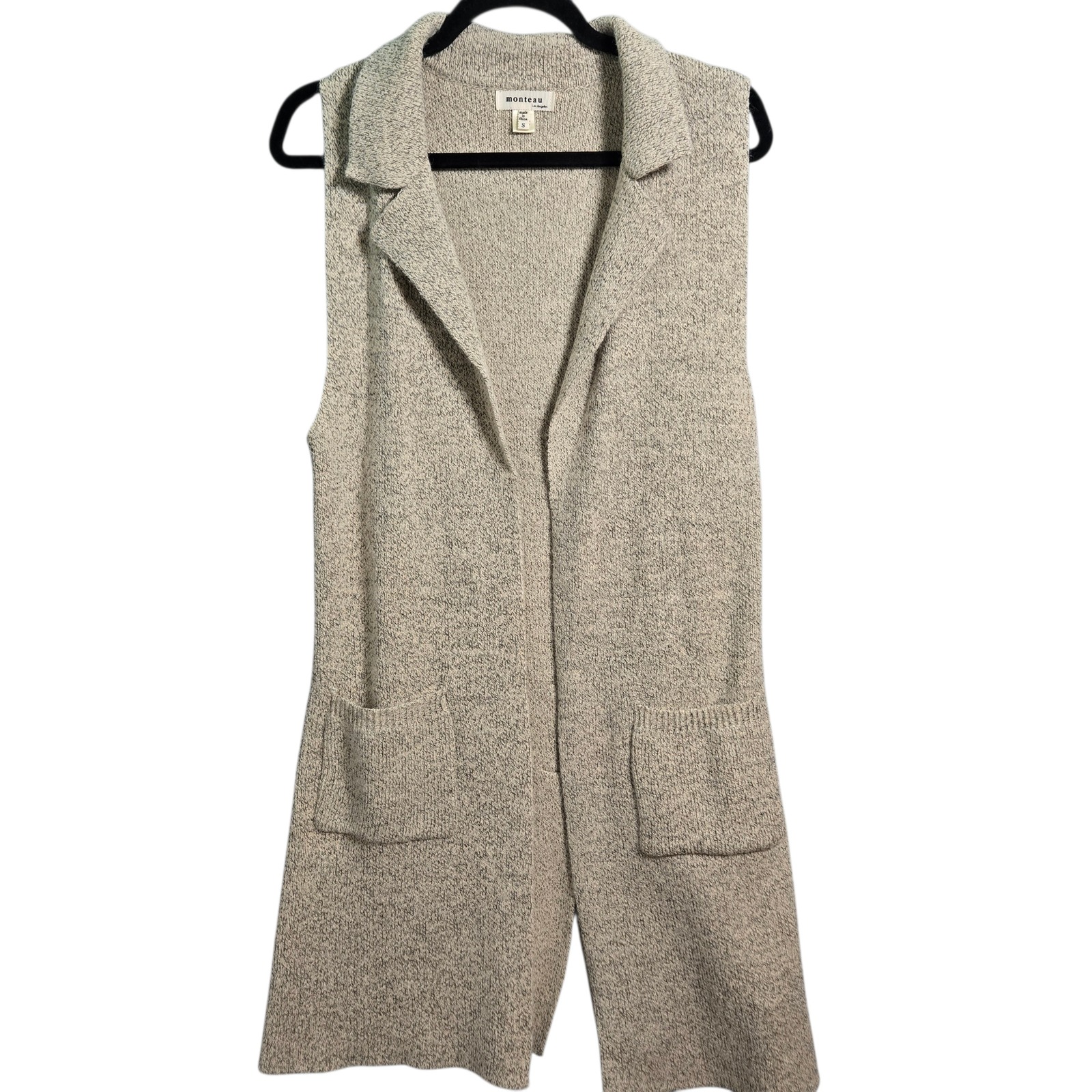 Monteau Long Open Front Knit Vest Sweater Womens Size Small Light Gray Pockets